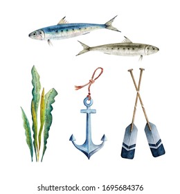 Set Of Watercolor Illustrations In A Marine Style. Fish, Anchor And Oars Drawings For Decor