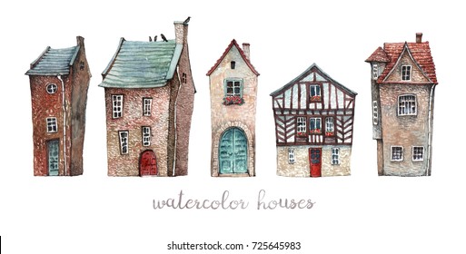 A set of watercolor illustrations of old European houses with wooden doors, tile roofs and flowers on the windowsills.