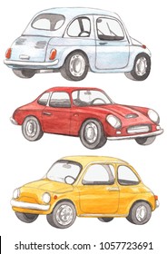 Set of watercolor illustrations with old vintage cars