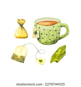 A set watercolor illustrations white background  Ceramic cup and tea  tea bag  candy  Linden herbal traditional tea drinking 