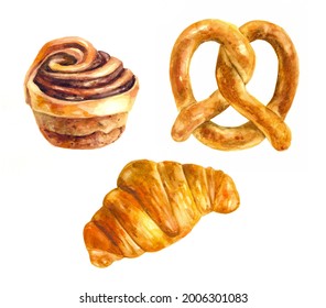 Set Of Watercolor Illustrations, Painting. Isolated Objects On A White Background. Cinnamon Roll, Bun, Pretzel, Golden Crust Croissant. Baking, Food Drawing. Elements For Menu Design. Home Made Recipe