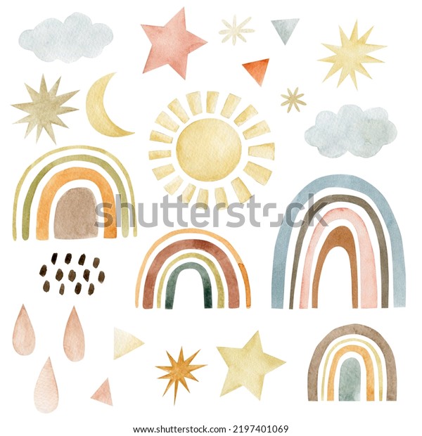 Set Watercolor Illustrations Rainbow Stars Sun Stock Illustration ...