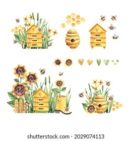 Set of watercolor illustrations in the theme of beekeeping. Beehives in flowers and herbs, honeycombs, bees, sunflowers - elements isolated on white background