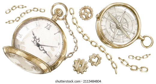 Set watercolor illustrations and vintage gold pocket watch  compass  gears   chains isolated white background  Vintage hand drawn illustrations  Can be used in cards  flyers   invitations