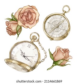 Set watercolor illustrations and vintage gold pocket watch  compass   roses isolated white background  Vintage hand drawn illustrations  Can be used in cards  flyers   invitations
