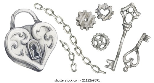 Set watercolor illustrations vintage heart shaped lock  silver keys  gears   chains  Isolated  Hand drawn illustrations for Valentine's day  Can be used in cards  flyers   invitations