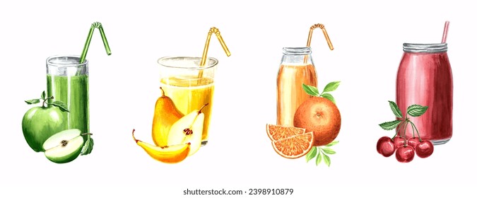 Set of watercolor juices with fruits apple, pear, orange and cherry. Isolated illustration of drinks Template hand drawn for display window design, menu, card, printing on textile, packaging, sticker - Powered by Shutterstock