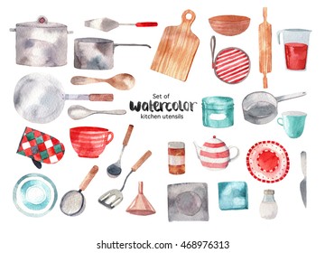 Set Of Watercolor Kitchen Utensils