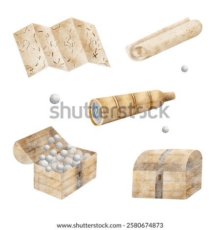 Set watercolor map, scroll, bubbles, spyglass, chest, treasure. Children's illustration isolated on white, hand drawn in cartoon style. Clipart for cards, posters, tableware invitations stickers party
