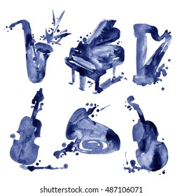 Set Of Watercolor Musical Instruments In Sketch Style.