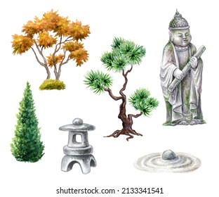 set of watercolor nature clip art. Bonsai trees, buddha statue and stone lantern. Spiritual zen garden design elements, isolated on white background
