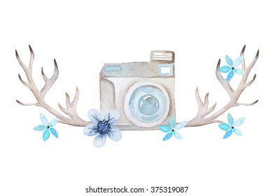 Set of watercolor photo camera with flowers and antlers. Hand painted photo clip art perfect for logo design and DIY project.