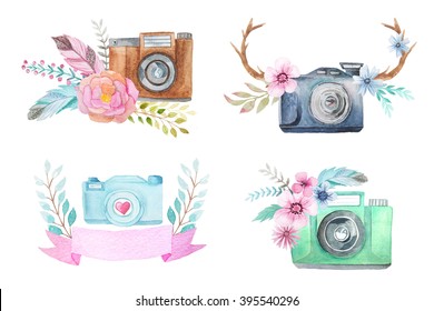 Set of watercolor photo camera logo templates with flowers, feathers and antlers. Hand painted photo clip art perfect for logo design and DIY project