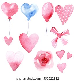 Set Of Watercolor Pink And Blue Balloon, Ribbon, Bow, Heart, Flower