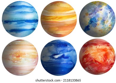 Set of watercolor planets, space illustration, hand drawing Pluto, Neptune, Uranium, mars and venus