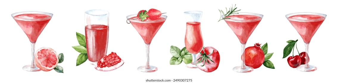 Set of watercolor red cocktails with fruits. Collection of illustrations of alcoholic drinks with pomegranate, tomatoes and berries. Drawing bar and cafe menu - Powered by Shutterstock