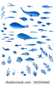 Set of watercolor sea animals