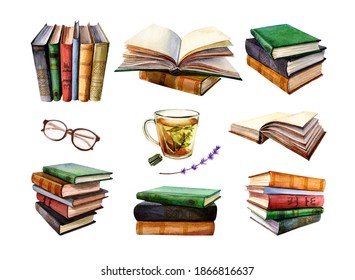 Set of watercolor stack of books, cup of tea, glasses, lavender. Elements clipart