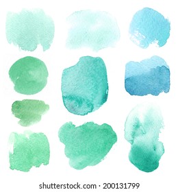 Set of watercolor stains, abstract design elements, on a white background, blue