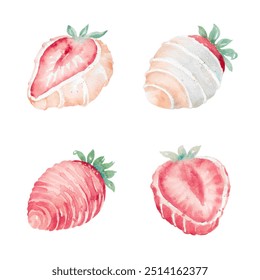 Set of watercolor strawberries in white and pink chocolate. Sweet fruit candies clipart. Art template for food designs. Hand drawn romantic dessert illustration isolated on white background - Powered by Shutterstock