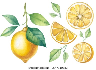 Set of watercolor style lemon fruit on white background ,every piece can separate each one Yellow lemons on a branch, lemon slices, watercolor illustration for the design of dishes, food, menus,drinks - Powered by Shutterstock