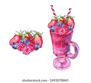 Set with watercolor summer red cocktail with fruit and berry strawberry raspberry and blueberry in glass isolated on white background. Sweet refreshment pink beverages for cookbook. Diet healthy food. - Powered by Shutterstock