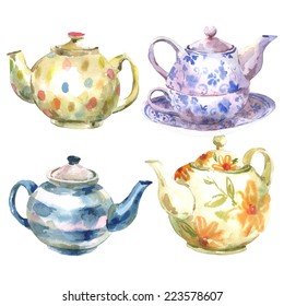 Set Of Watercolor Teapot On A White Background