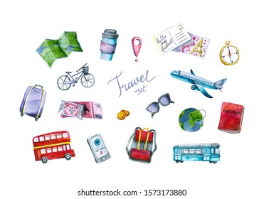 Set Of Watercolor Travel Icons. Hand Painted Trendy Illustrations Isolated On White. Bright Signs Are Perfect For Blogger, Traveler, Influencer, Highlight Covers, Social Media Design, Stickers