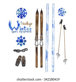 Set of watercolor vintage ski equipment isolated on white background