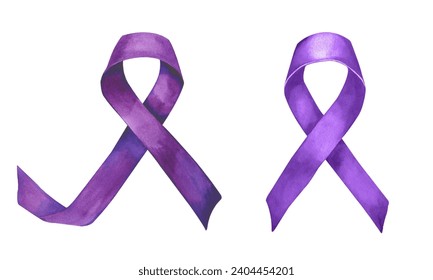 Set of watercolor violet ribbons. Purple symbol of World Cancer Day or World Alzheimer’s Month. Hand drawn lilac watercolor illustration. Lavender ribbons isolated on white. - Powered by Shutterstock