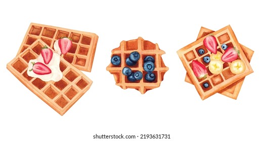 Set Of Watercolor Waffles Isolated On A White Background.