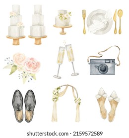 Set of watercolor wedding elements. The bride and groom's shoes, cake, bouquet, plate and appliances, camera, champagne glasses, flower arch. Elements for wedding timing, cards, greeting cards - Powered by Shutterstock