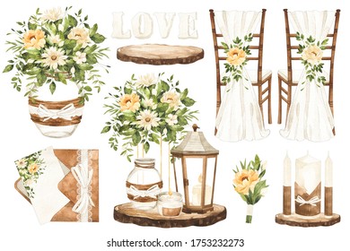 Set Of Watercolor Wedding Elements. Chairs, Invitation, Candles, Composition, Bouquet In A Vase, Etc. Suitable For Invitations And Cards.