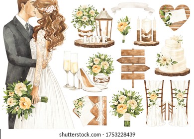 Set Of Watercolor Wedding Elements. Groom, Bride, Shoes, Chairs, Bridal Bouquet, Invitation, Etc. Suitable For Invitations And Greeting Cards.