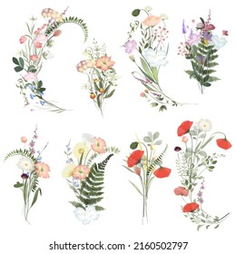 Set Of Watercolor Wildflower Bouquets, Isolated Illustrations On A White Background