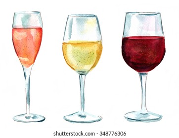 A set of watercolor wine glasses (sparkling rose, white, and red), isolated on white - Powered by Shutterstock