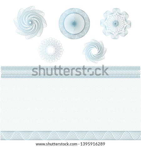 Set of watermarks and borders. Guilloche pattern for banknote, diploma, certificate, currency, voucher, money design. Guilloche decorative elements patterned background, frames, round elements.