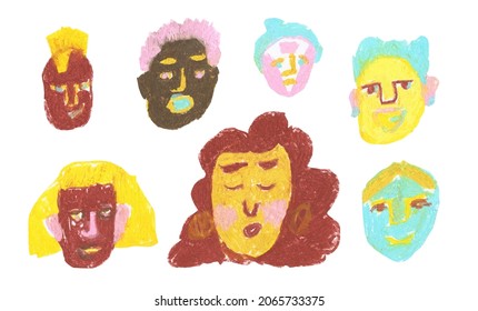 Set of wax crayons illustrations with portraits of people on a white isolated background.Children's collection of hand-drawn in pastel.Simple pencil clip art.Designs for stickers,packaging,cards.