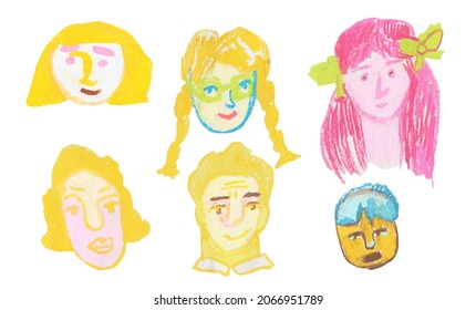 Set of wax crayons illustrations with portraits of people on a white isolated background.Designs for stickers,packaging,cards.