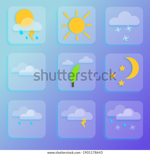 Set of weather icons in the style of\
glassmorphism on a blue background.  White clouds, sun, windy day,\
month with stars, rain, snow for forecast design. Sun and\
thunderstorm\
stickers.