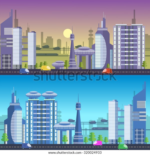 Set of website hero images in flat design style\
for web development purposes. Busy urban cityscape templates with\
modern buildings, roads, futuristic traffic and park trees. Day and\
night concepts.