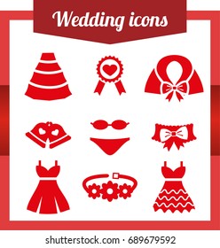 Set Wedding Icons. Bell, Dress, Garter, Wedding, Underwear, Coat, Cloak, Sash, Belt, Medal. Flat Isolated On White Background.