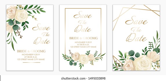 Set Of Wedding Invitation Card Design. Botanic Composition Template. White Flower Paint Watercolor. Vintage Style.	