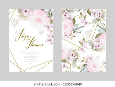 A set of wedding watercolor cards in pastel colors. A bouquet of delicate flowers for invitations. - Powered by Shutterstock