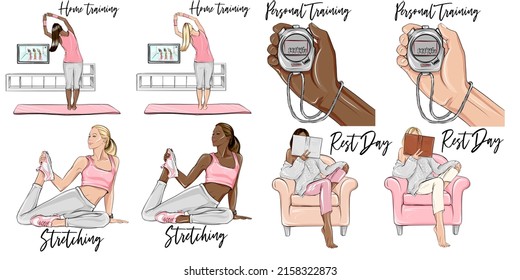 Set Of Wellness Workout Icons Illustrations. Woman Doing Home Training, Hand With Stopwatch, Beautiful Lady Doing Stretching, Woman Having Rest Day And Reading In Armchair.