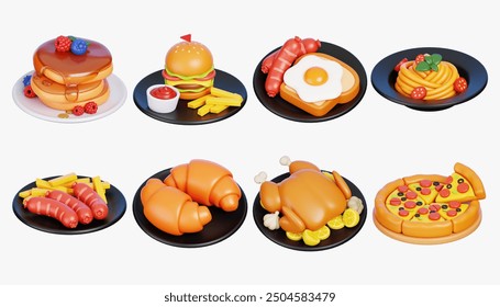 Set of Western food isolated on white background. Western dish with burger, pancake, croissant, Spaghetti, Sausages with French friest. Gourmet delicious food icon. 3d Rendering, - Powered by Shutterstock