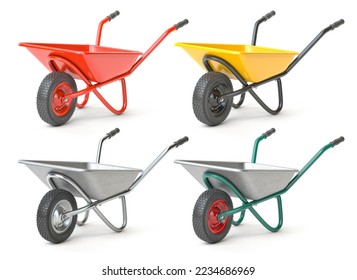 Set of wheelbarrow of different colors isolated on white. 3d illustration