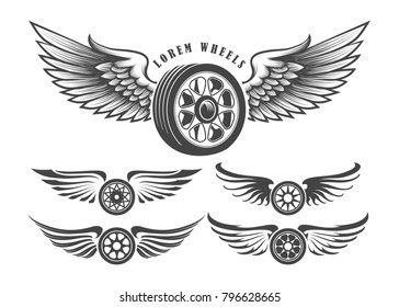 Set of wheels with wings for tattoo or label design isolated on white. 