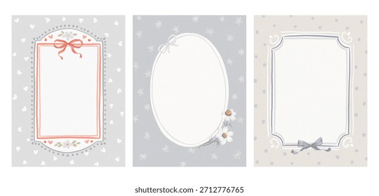 Set of whimsy frames with delicate watercolor chamomile, bows and hearts on delicate texture backgrounds. Cute collection of prints for your text, photo or design card. Hand drawn illustration.