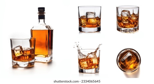 Set of whiskey with bottle, glass side view and top view, splashes and drops isolated, 3D rendering

 - Powered by Shutterstock